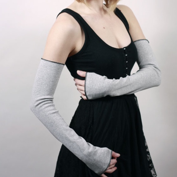 Long Cotton Arm Warmers Gray Armwarmers Grey Sleeves Warm Fingerless Gloves Goth - Picture 1 of 3
